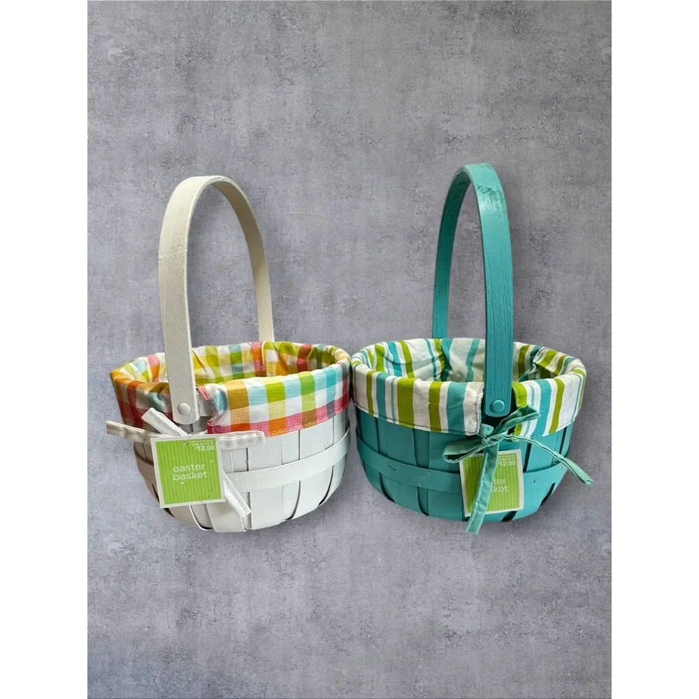 Baskets and Grass Easter Basket Set of 2 Kids White Teal Gingham Striped Slats